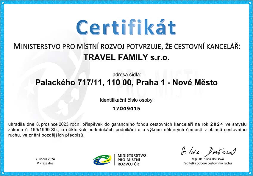 Certifikát o úhrade príspevku do garačného fondu cestovných kancelárií Českej republiky